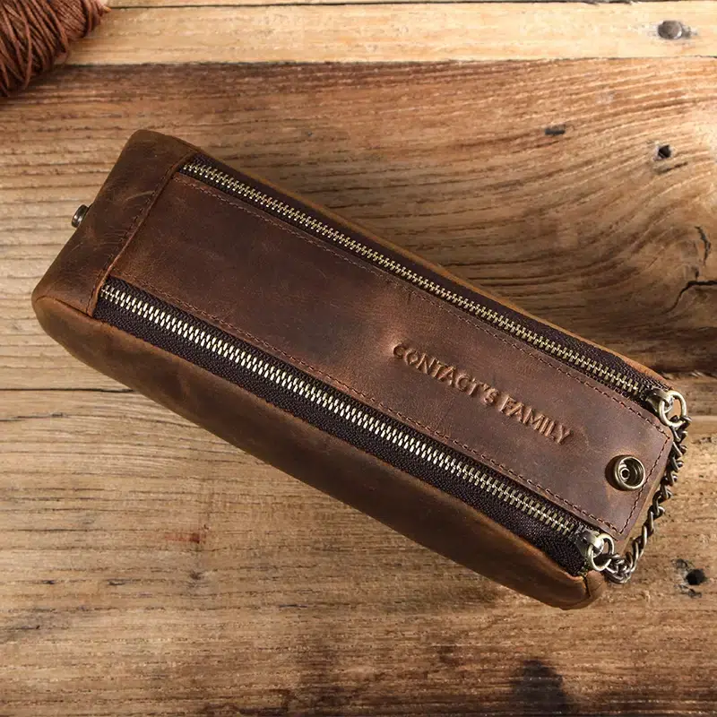 Bruin Leren Etui met Industriële Rits Trousse en Cuir à Fermeture Éclair