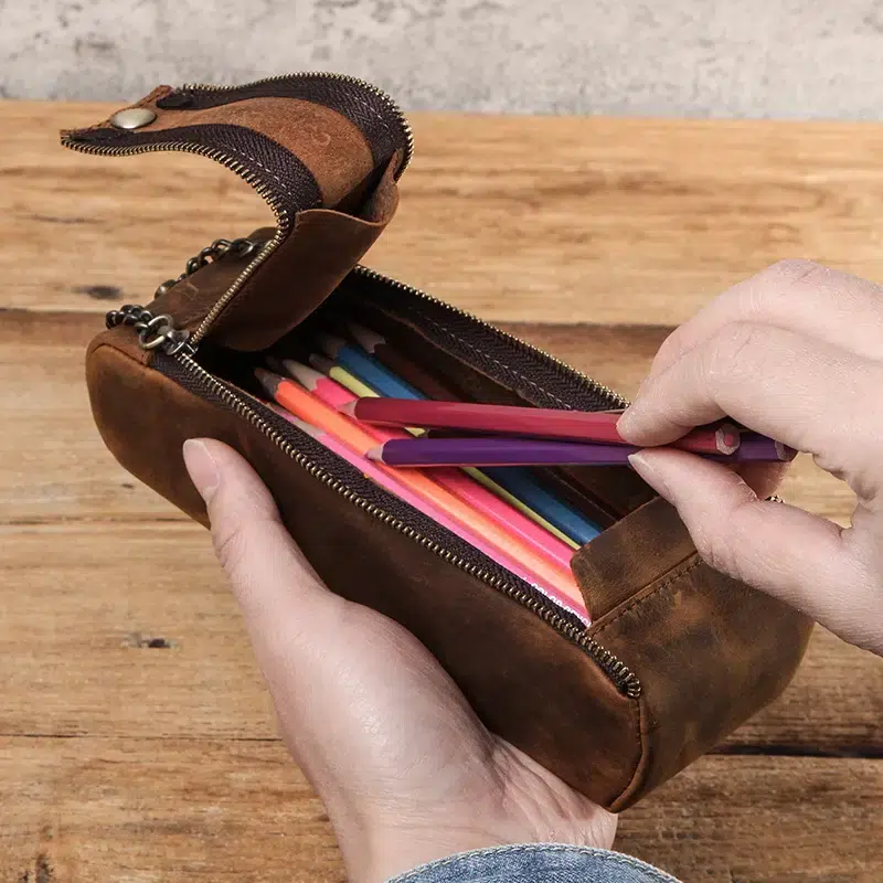 Bruin Leren Etui met Industriële Rits Trousse en Cuir à Fermeture Éclair