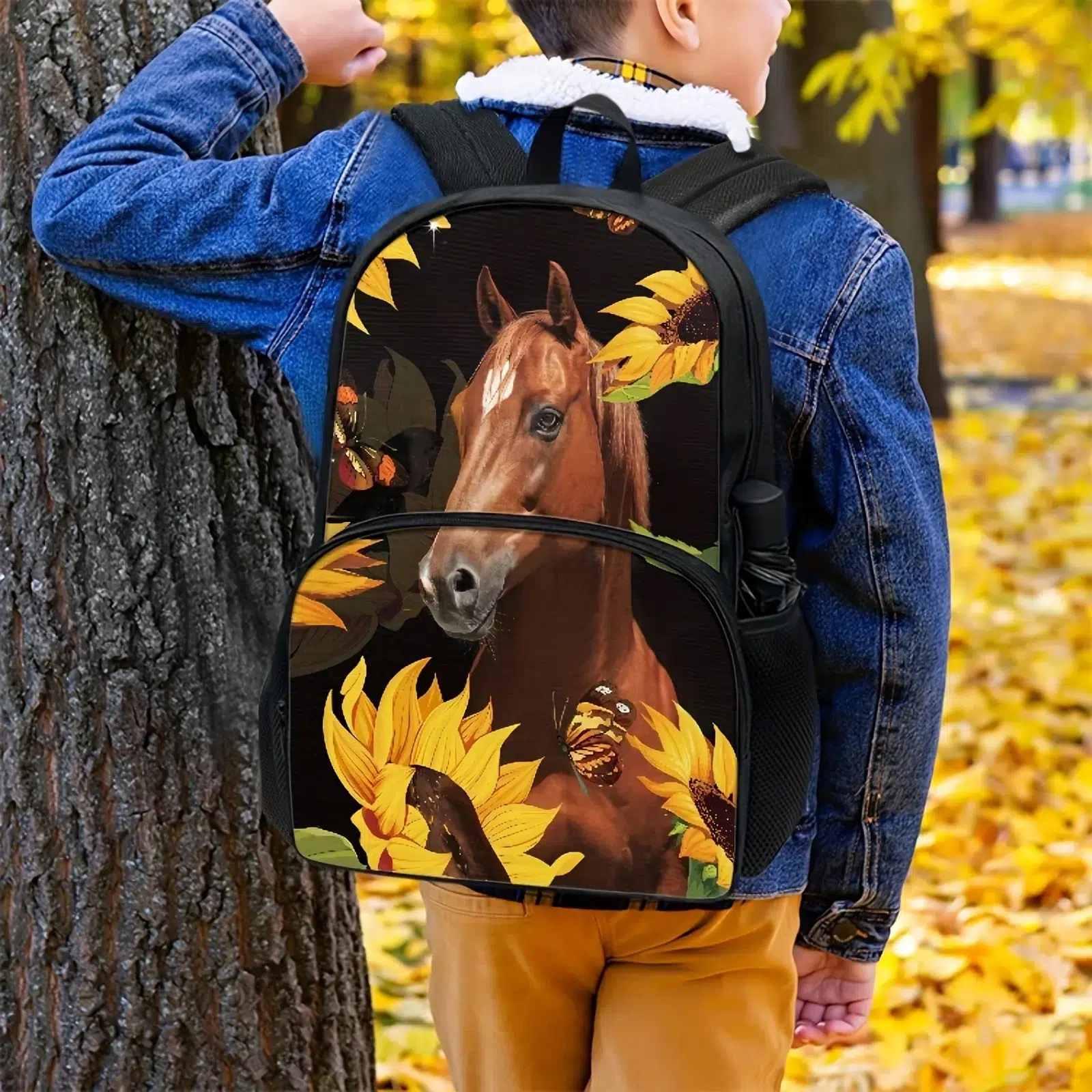 Kinderrugzak Paard Bruin Met Zonnebloemen Cartable Cheval Motif Tournesol