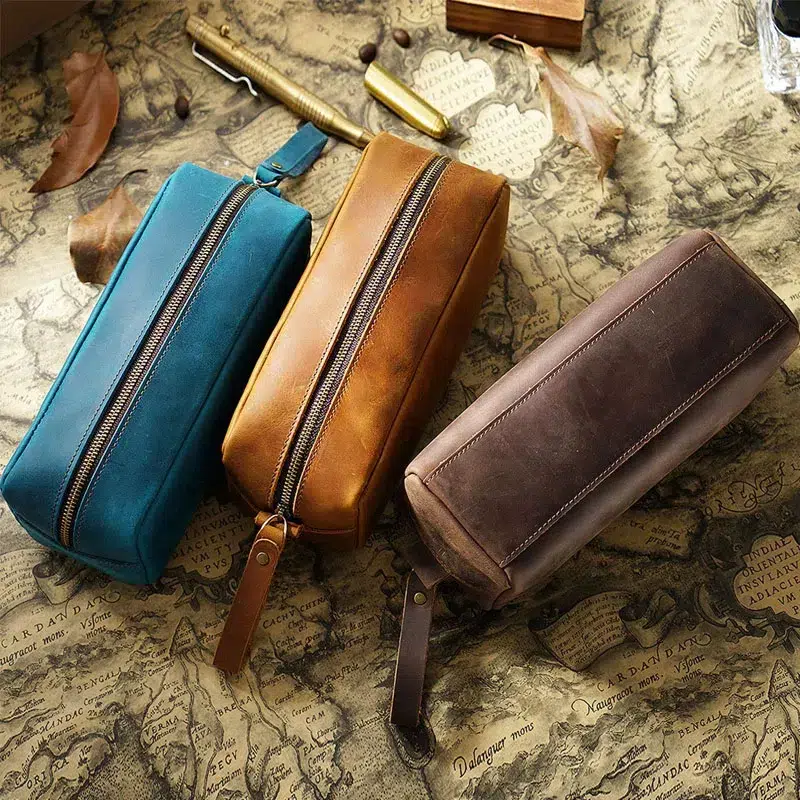 Leren Etui Rechthoekig met Rits Trousse de Classe Noire en Cuir de Vachette