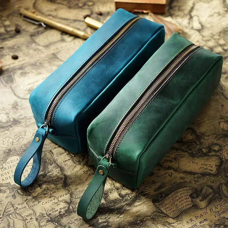 Leren Etui Rechthoekig met Rits Trousse de Classe Noire en Cuir de Vachette