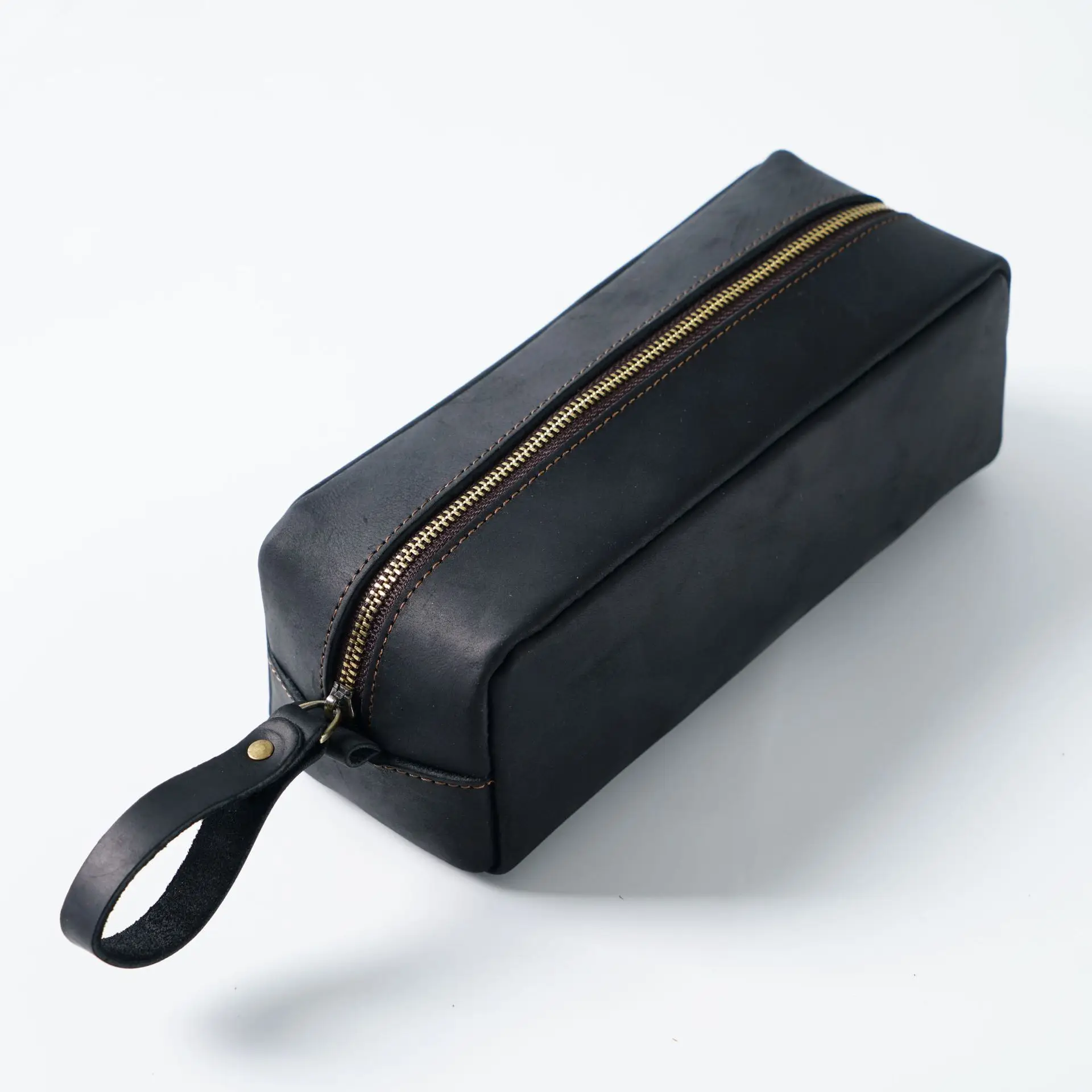 Leren Etui Rechthoekig met Rits Trousse de Classe Noire en Cuir de Vachette