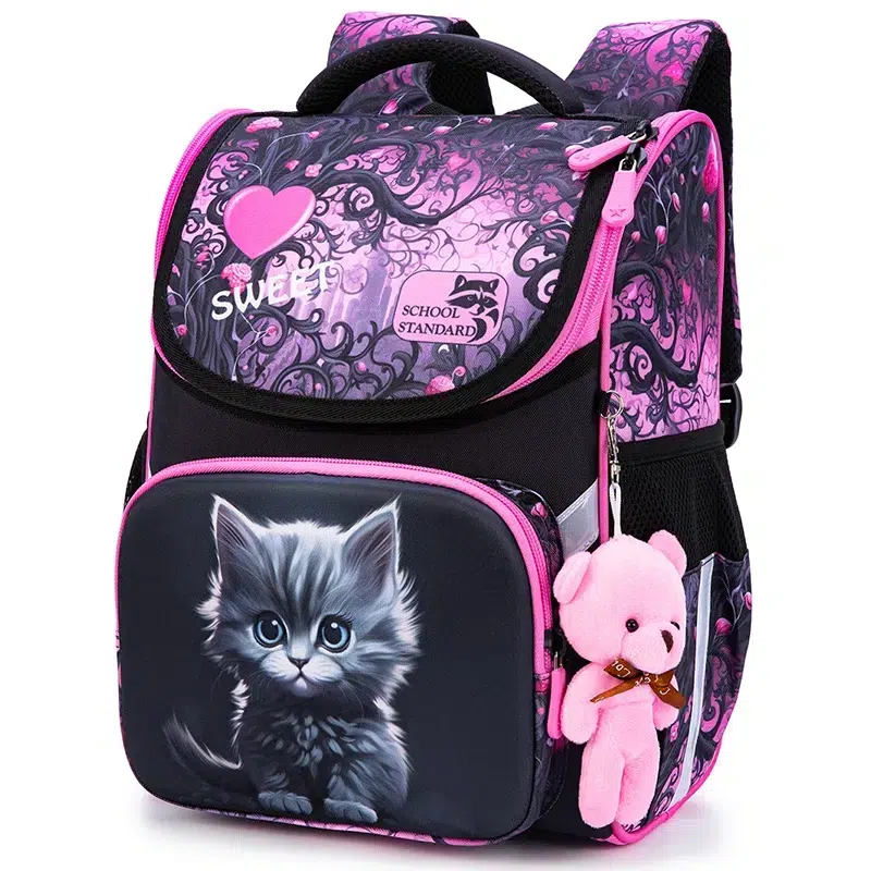 Roze Schoolrugzak met Kat en Teddybeer Cartable Rose Chat pour Cours