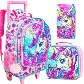 Cartable à Roulettes Licorne Avec Boite a Lunch et Trousse Scolaire