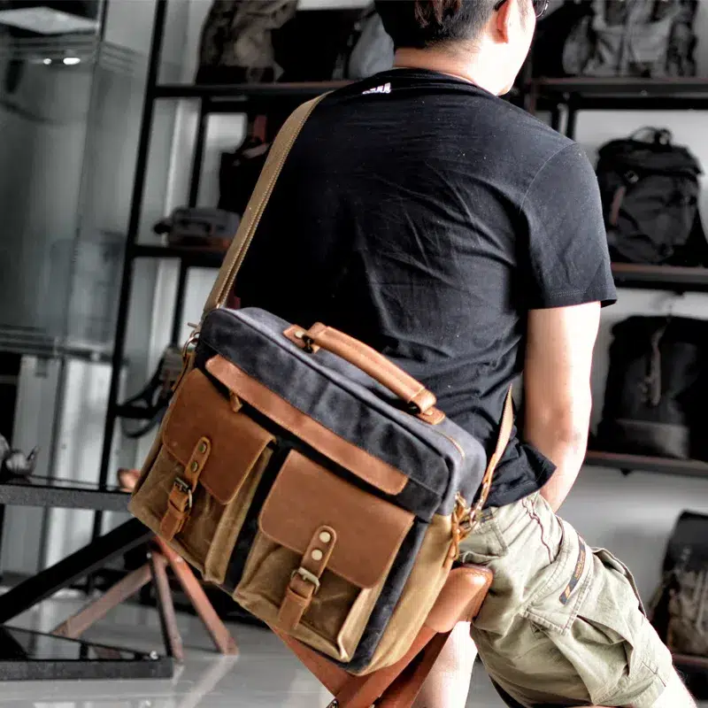Vintage canvas schoudertas bruin met leer Cartable à Bandoulière Pour Homme Vintage