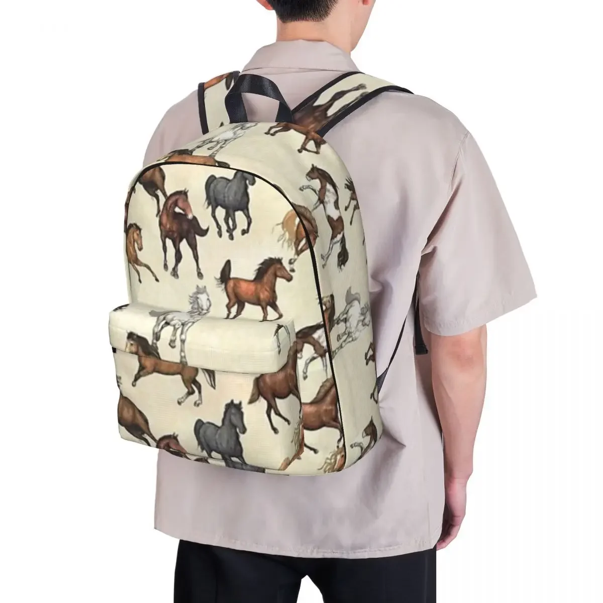 Beige Kinderrugzak met Paardenprint Cartable Cheval Pour Écolier