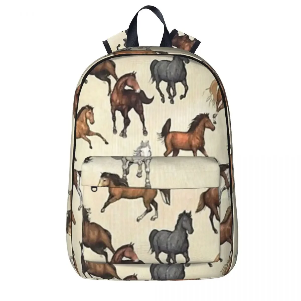 Beige Kinderrugzak met Paardenprint Cartable Cheval Pour Écolier