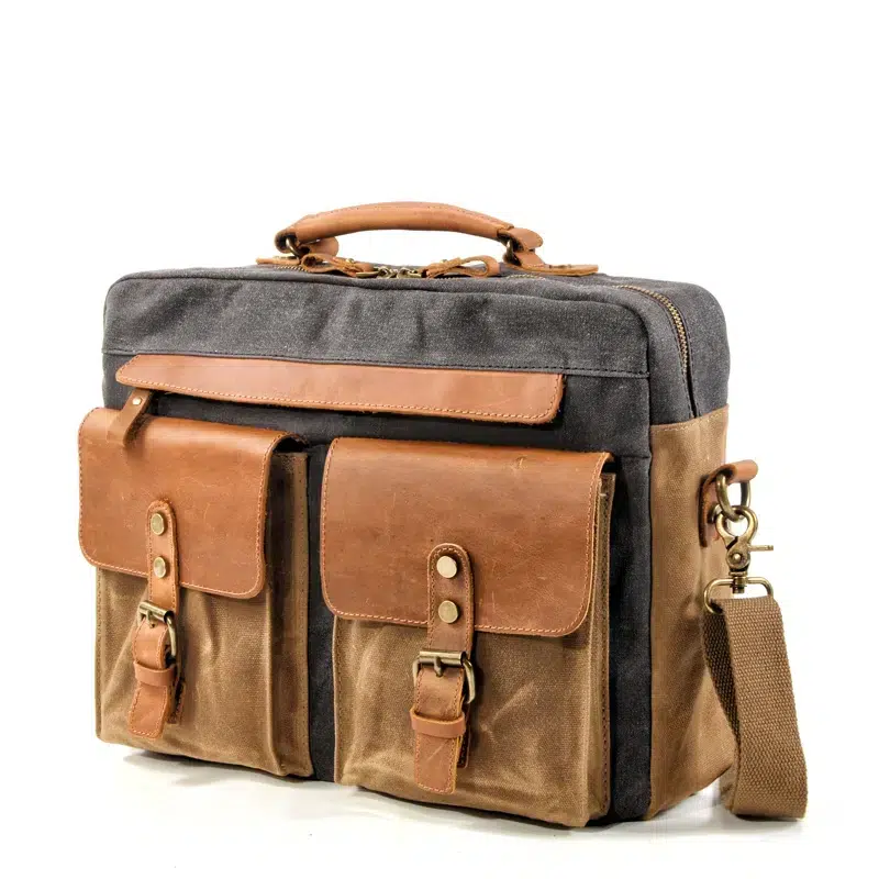 Vintage canvas schoudertas bruin met leer Cartable à Bandoulière Pour Homme Vintage