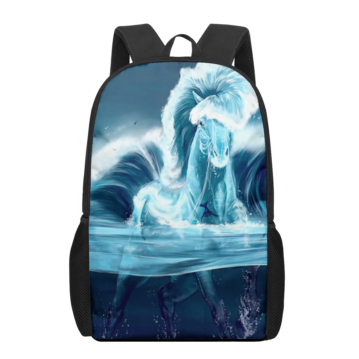 Zwarte rugzak met blauwe waterpaard print Sac à Dos Cheval École