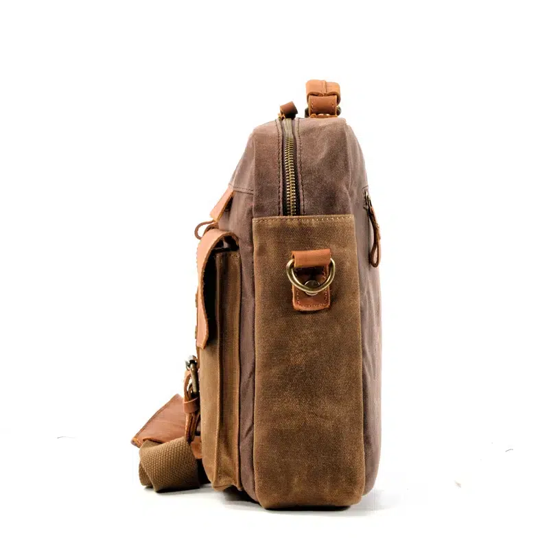 Vintage canvas schoudertas bruin met leer Cartable à Bandoulière Pour Homme Vintage