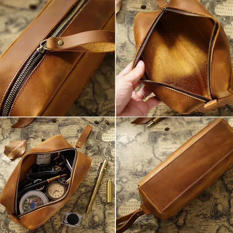 Leren Etui Rechthoekig met Rits Trousse de Classe Noire en Cuir de Vachette
