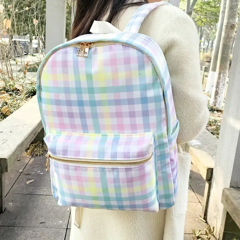 Pastelkleurige Ruitjes Rugzak met Gouden Ritsen Cartable Scolaire de Collège
