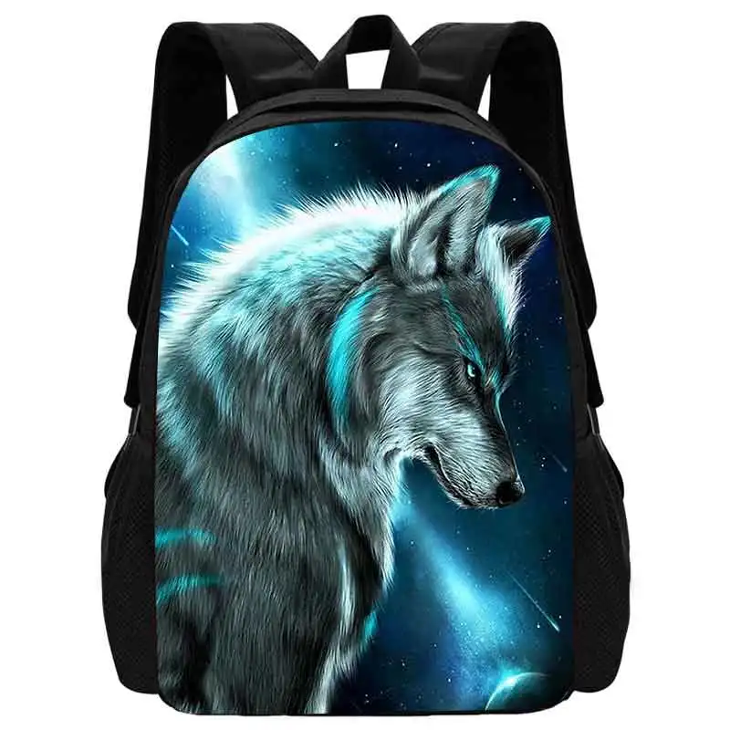 Blauwe Rugzak met Wolf en Sterrenhemel Sac à Dos Loup pour Usage Scolaire