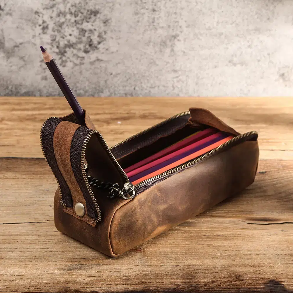 Bruin Leren Etui met Industriële Rits Trousse en Cuir à Fermeture Éclair