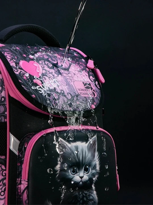 Roze Schoolrugzak met Kat en Teddybeer Cartable Rose Chat pour Cours