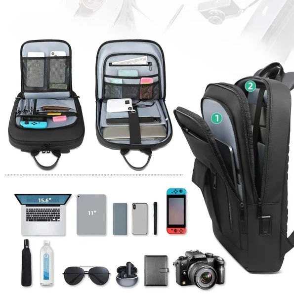 Zwarte rugzak met USB-poort en vakken Cartable Sac à Dos Waterproof Chargeur USB